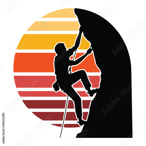 Rock climbing silhouette man climbing mountain with sunset gradient background  adventure sports