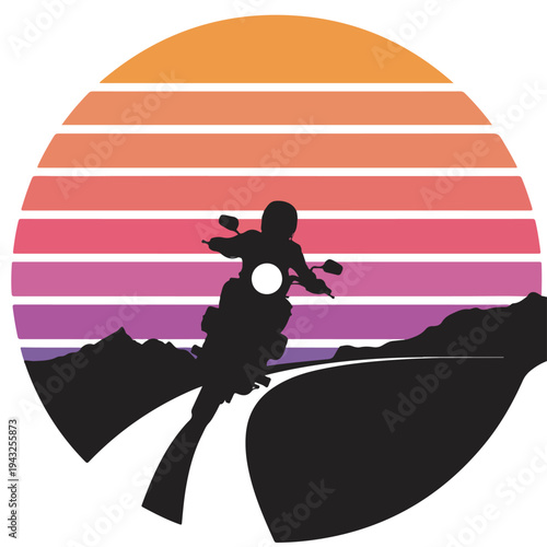 Silhouette of motorcyclist riding on winding road at colorful sunset with mountains  freedom and adventure concept