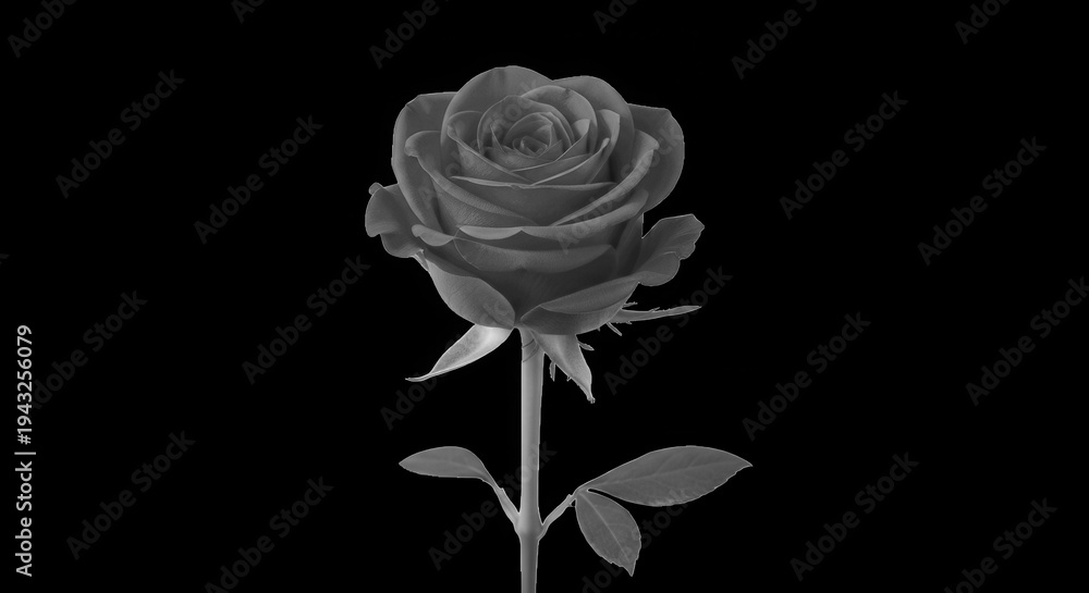 Fototapeta premium A grayscale rose stands alone on a transparent background with leaves and stem