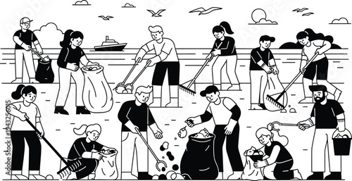 people cleaning beach with brooms and trash bags