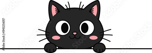 Cute Black Cat Cartoon Character Peeking Over a White Border with Pink Cheeks Large Eyes and Paws for Copy Space