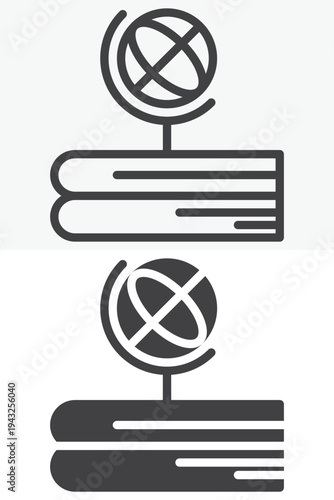 Stacked books with globe education icon. Line outline and solid icon set in different style. Editable stroke vector sign and symbol. Books and globe icon for global education and learning.