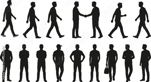 Business men silhouette set with handshake walking and standing poses isolated on white background for professional cad drawing flat vector illustration