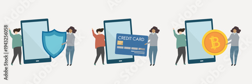 Digital transactions with security icons vector set