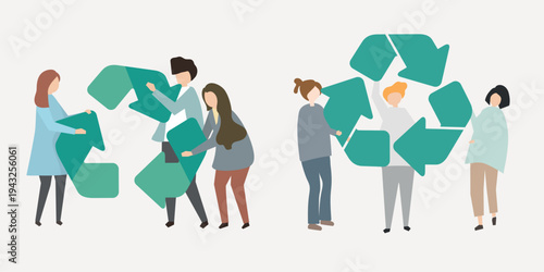 Diverse people promoting recycling vector set