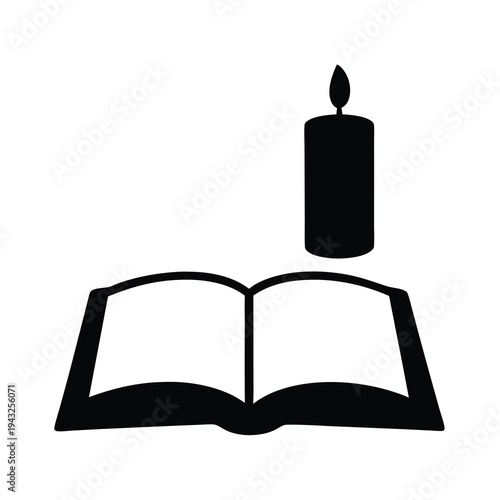 Black silhouette of an open book with a lit candle on top