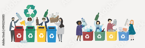 Diverse people recycling together vector set