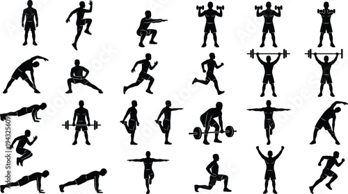 Gym workout and fitness silhouette set with weightlifting running and bodybuilding poses isolated on white background cad drawing flat vector illustration