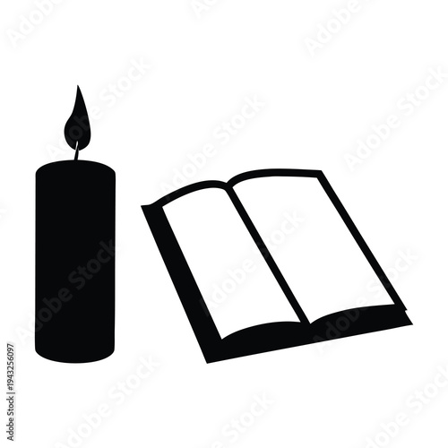 Candle and Open Book Illustration in Black and White Silhouette