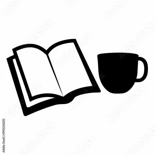 Minimalistic black and white depiction of reading with a cup of coffee