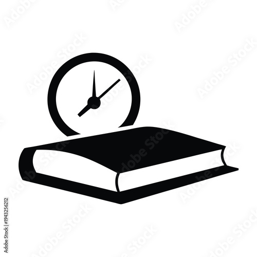 Black and white drawing of a book with a clock above it