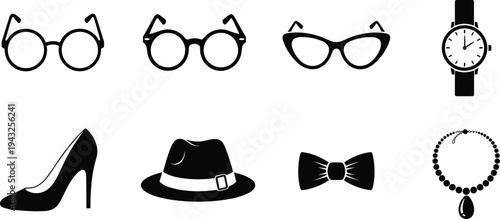 Fashion accessories vector icons set, black silhouette of glasses, watch, high heel shoe, hat, bow tie, and jewelry necklace,