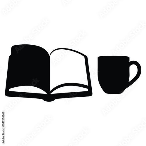 Minimalist silhouette illustration of an open book and a coffee mug
