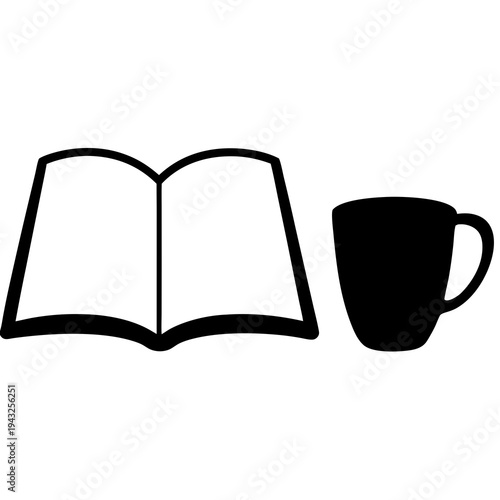 Open book and a mug icon on white background representing relaxation