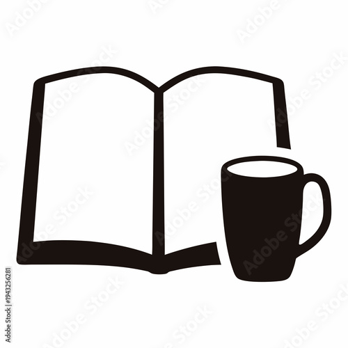 Simple black and white illustration of open book with coffee mug