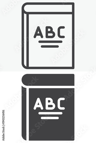Alphabet ABC learning book icon. Line outline and solid icon set in different style. Editable stroke vector sign and symbol. Alphabet book icon for language education and study.