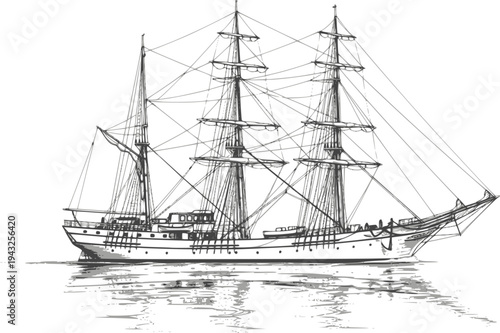 Majestic yacht sailing ship with large sails, cruising on the ocean waves, drawn in an engraved, woodcut style sketch engraving vector illustration. Scratch board. Transparent background EPS version.