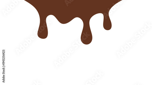 Melted chocolate or syrup drips isolated on a white background. Flowing liquid chocolate border element. A sweet brown syrup or sauce that melts and drips.