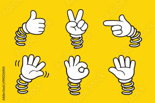 Set of cartoon hands on springs making various gestures on yellow background.