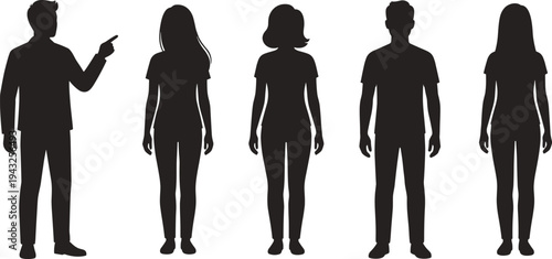 Men and women silhouette set with casual standing poses and pointing gesture isolated on white for cad drawing flat vector illustration