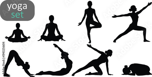 Yoga set vector silhouettes, woman practicing various poses including meditation, tree pose, warrior, and downward dog, healthy lifestyle icons