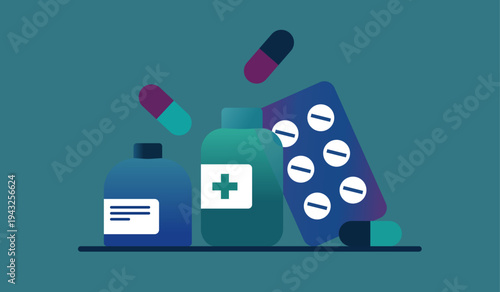 A colorful illustration of various medications including pill bottles, a blister pack, and capsules. Represents pharmacy, healthcare, treatment, and diverse pharmaceutical products