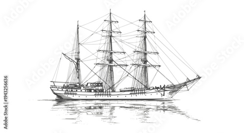 Majestic yacht sailing ship with large sails, cruising on the ocean waves, drawn in an engraved, woodcut style sketch engraving vector illustration. Scratch board. Transparent background SVG version.