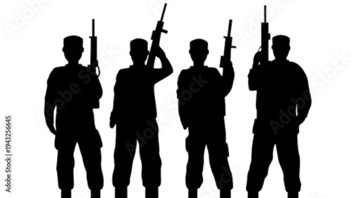 Soldiers silhouette holding guns upwards,Military soldiers silhouette raising rifles in air,Armed soldiers silhouette with guns pointing upward