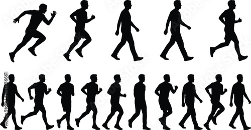 People running and walking silhouette set with various movement poses and athletic gestures isolated on white background cad drawing flat vector illustration