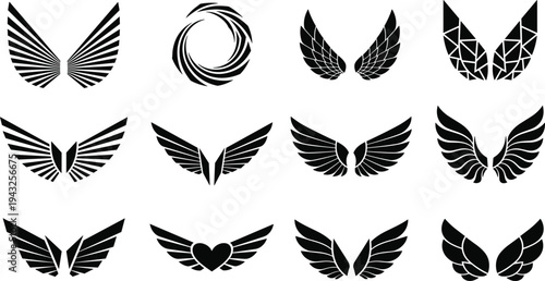 Wings vector icons set, abstract wing silhouette collection, black angel wings for logo design, heraldic eagle feathers, flight symbols,