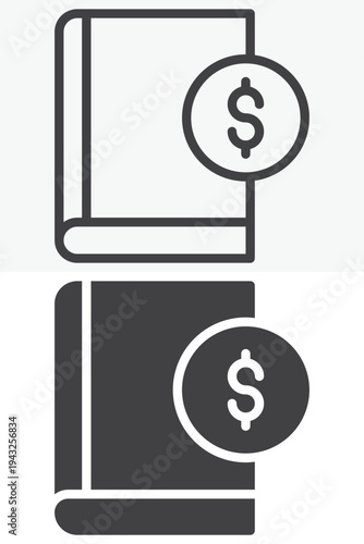 Book with dollar coin finance icon. Line outline and solid icon set in different style. Editable stroke vector sign and symbol. Book and dollar icon for financial education.
