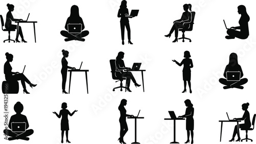 Women working with laptop silhouette set for office business and remote freelance work isolated on white cad drawing flat vector illustration