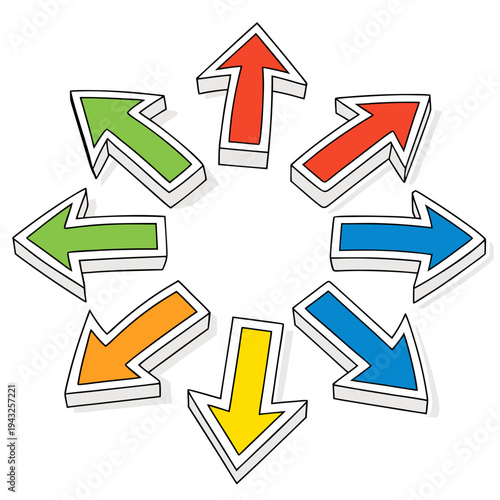 Tableau sur toile Circular arrangement of eight 3d colorful arrows point outwards depicting option