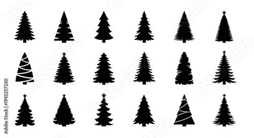 Black christmas tree silhouettes with decorations on white background for holiday designs