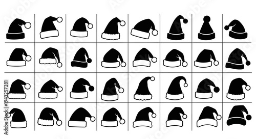 Collection of various black santa hats with white trim and pom poms on a grid background
