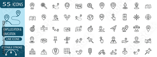 Maps and navigation outline icon set featuring location pin and route tracking for travel guide and GPS positioning and more vector illustration or editable stroke