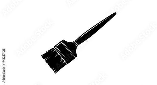 Black paintbrush with white highlights on handle and bristles against plain white background for artistic or design use