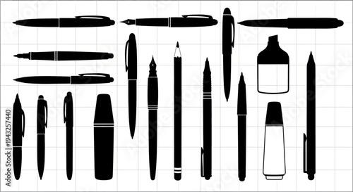Collection of various pens pencils and ink bottles in black silhouette on grid background for drawing and writing tools