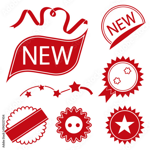 Professional red marketing banners and ribbons set featuring star emblems and decorative seal badges for official product launch and retail sales