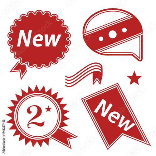 Decorative red marketing badges with award ribbons and talk bubbles including new product labels and star shapes for business branding promotions