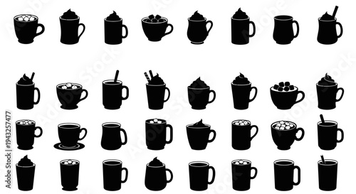 Collection of various coffee cups and mugs with different toppings and handles in black silhouette on white background