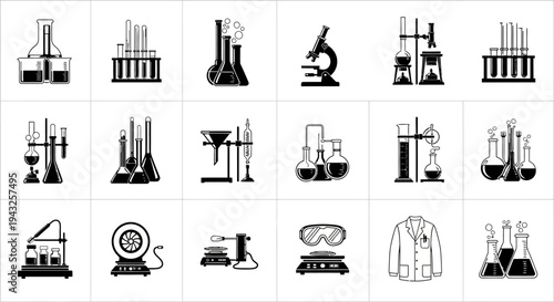 Laboratory equipment and tools icons set including microscopes beakers test tubes and bunsen burners on white background