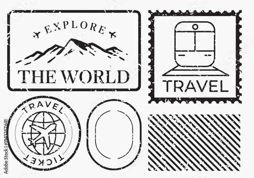 Vintage travel-themed stamp designs illustration vector set.