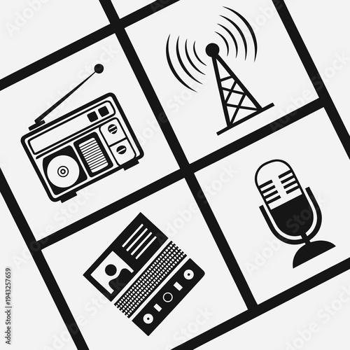 Set of vintage broadcasting icons, radio, antenna, microphone, id card, representing communication, media, and old technology for retro design projects