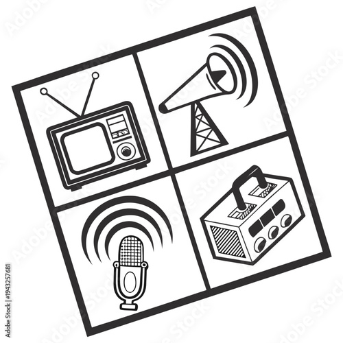 Media concept with retro tv, radio, microphone, and antenna tower, vintage entertainment symbols, black and white illustrations