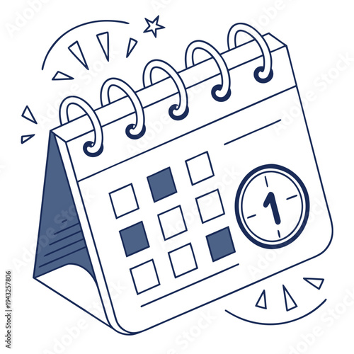 Hand drawn doodle style desk calendar with number one on clock face represents first day of month or primary deadline for projects and celebrations