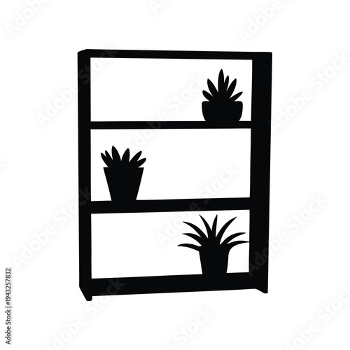Monochrome minimalist bookshelf silhouette with potted plants on each shelf