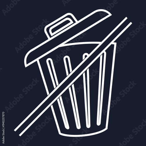 Minimalist white line art illustration of a garbage can with an open lid and a diagonal strike through line on a dark blue background aesthetic