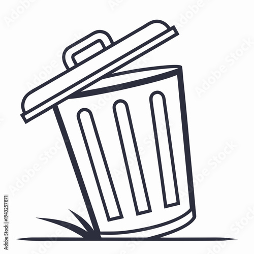 Dynamic line art of a tilting trash can with an open lid and movement marks suggesting it is falling or being kicked over on a flat ground plane