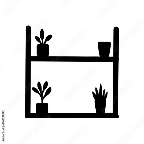 Stylized Black and White Silhouette of a Two Tier Plant Shelf with Plants